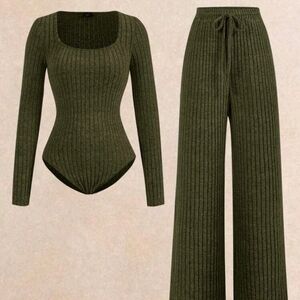 Ribbed Scoop Neck Bodysuit & Wide Leg Pants Set - Olive New